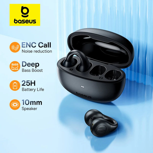 Baseus AirGo AS01 TWS Earclips Headset Wireless bluetooth 5.3 Earphone 10mm Drivers Bass Enhancement Dual Mic ENC Noise Cancelling 25H Playback Low Gaming Latency Clips-on Sports Headphones