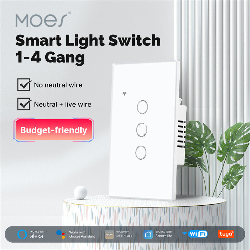 MoesHouse Tuya Smart WiFi Light Switch US Plug 1/2/3/4 Gang Glass Touch Panel APP Remote Control Timing Function Voice Control with Alexa Google Assistant