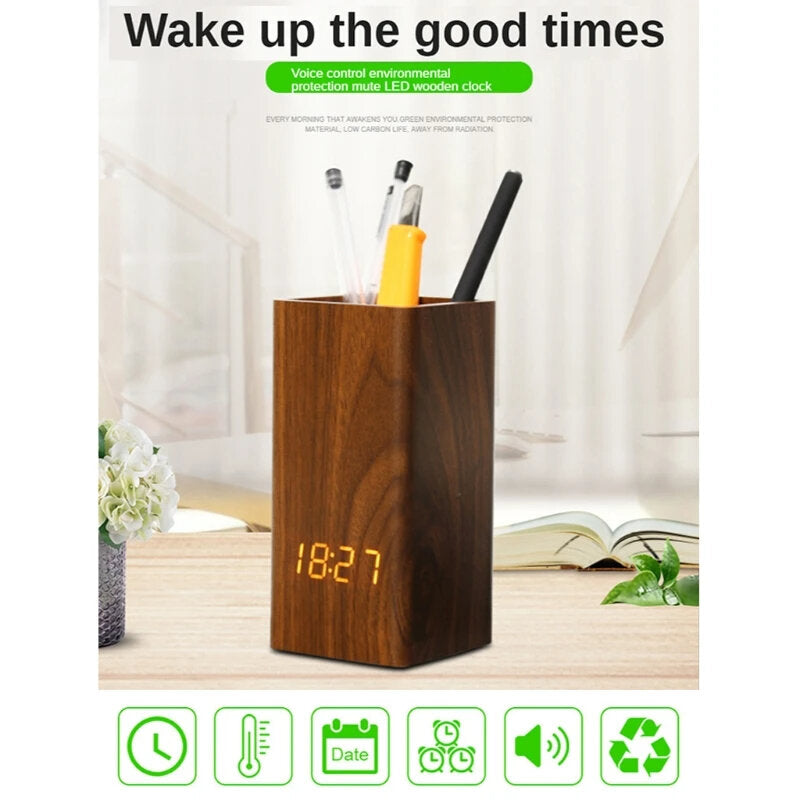 Creative Wooden Pen Holder Clock USB Voice Control Digital Pen Holder Alarm Clock LED Pencil Organizer with LED