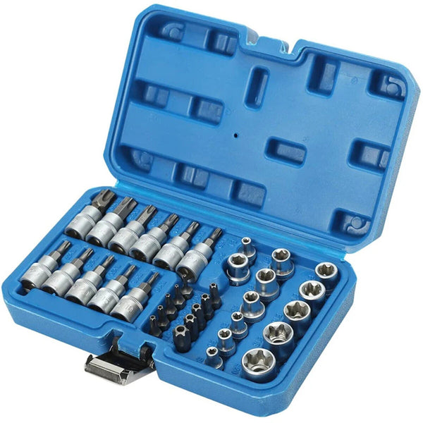 34PCS Torx Bit Socket and E-Torx Star Socket Set 1/4 3/8 1/2 Drive Chrome Vanadium Steel with Storage Case for Automotive and Repair