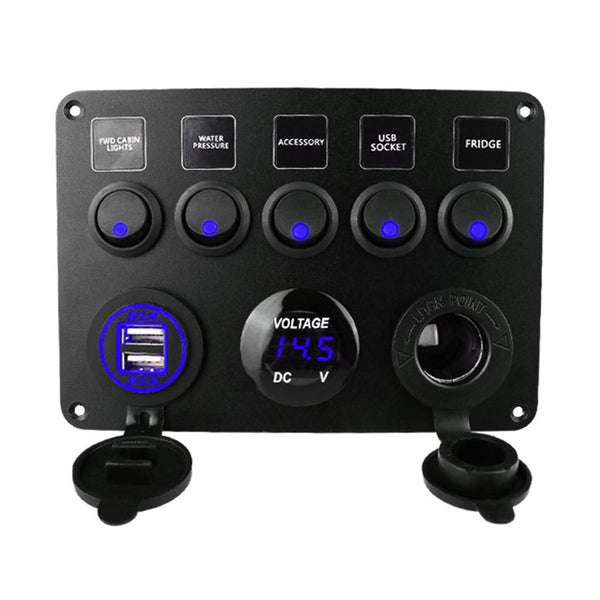 Car Boat Switch Panel Waterproof Digital Voltmeter Dual USB Port 12 Outlet Combination Marine LED Rocker 5 Gang