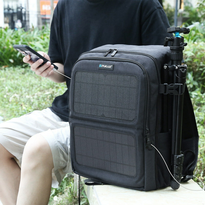 PULUZ PU5018B Multi-functional Camera Backpack with Solar Panel Water-resistant Camera Bag