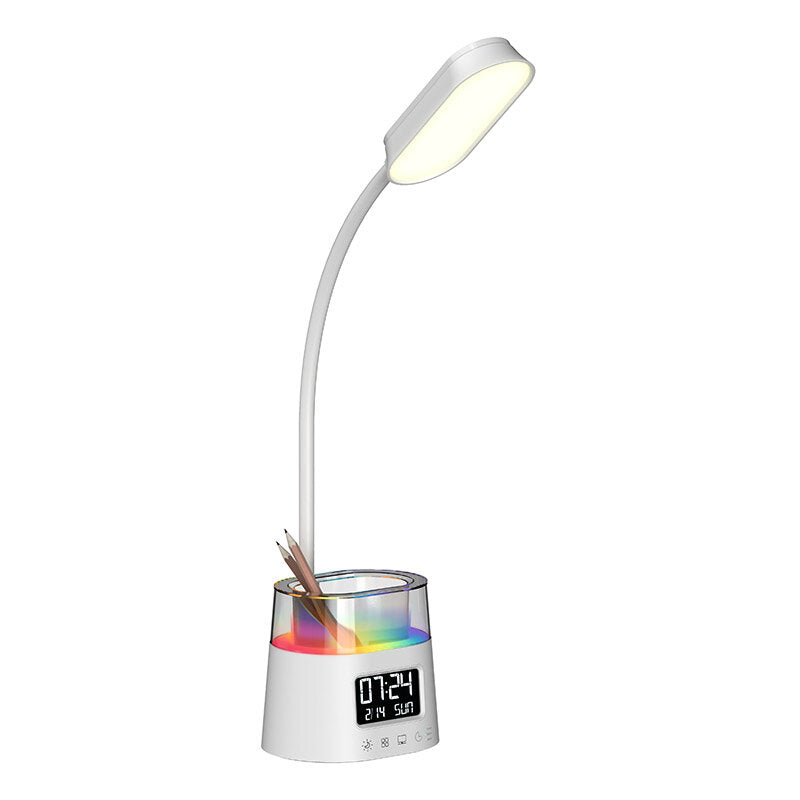 Multifunctional Desktop Table Lamp With RGB Ambient Night Lamp Clock & Calendar Display Pen Holder Storage Reading and Learning Eye-friendly Desk Lamp