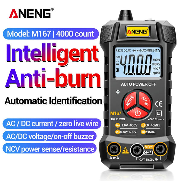 Aneng M167 Digital Multimeter 4000 Counts True RMS Auto Range AC/DC Voltage Current Tester NCV Backlight Data Hold Flashlight