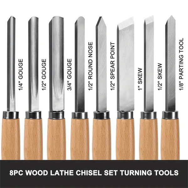 8PCS Professional Wood Turning Chisels Set High-Speed Steel Blades Lathe Chisel Kit with Skew Parting Spear Point Gouges Round Nose for Woodworking Lathe