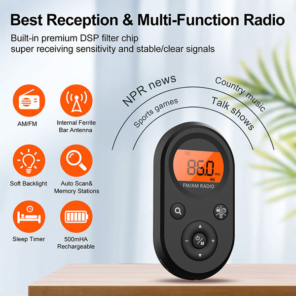 Mini Portable AM FM Radio Rechargeable Pocket Radio with Soft Orange Backlight Sleep Timer Setting Support 3.5mm Earphone