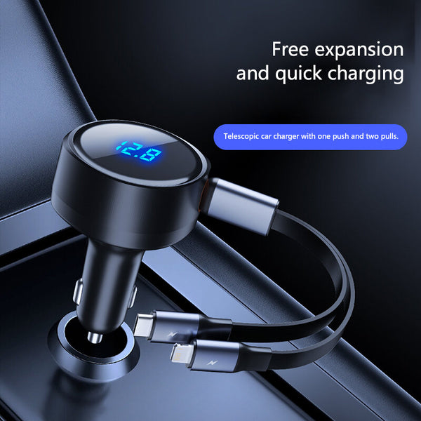 Car Fast Charging with Retractable Cable Type C for Apple Interface Dual Output Car Charger Port Car Charger Super Fast Charging Head