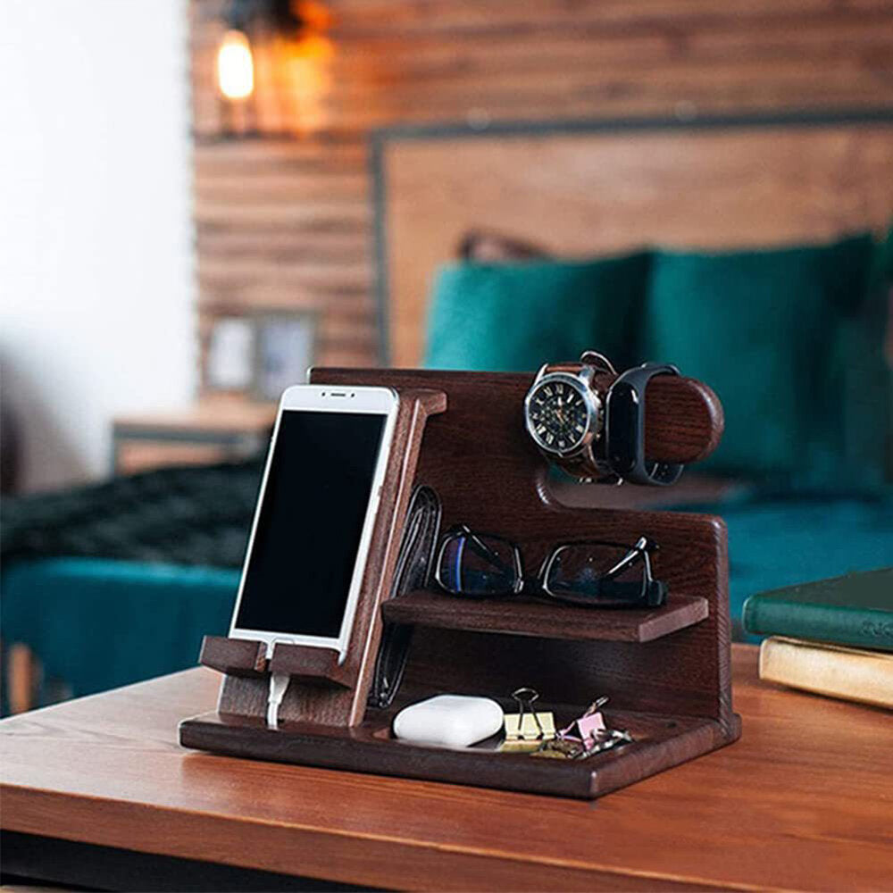 Multifunctional Desktop Charging Mobile Phone Holder Wooden Phone Storage Stand Key Holder Wallet Stand Watch Organizer