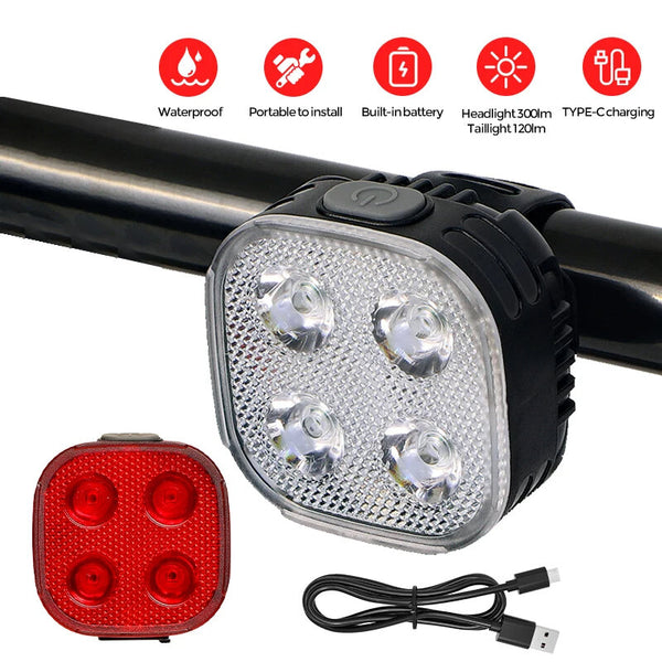 BENGGUO Smart Bike Light Set 300 lm Headlight with 120 lm Tailight Four Gear Light Modes Switch Waterproof USB Rechargeable Mini Portable Mountain Bike Front Rear Lamp