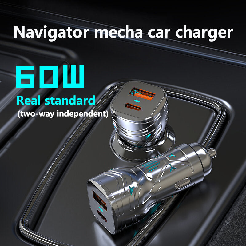 60W Car Charger Super Fast Charging Car Charger For Apple And Huawei Mobile Phones  USB+Type C Dual Port Output