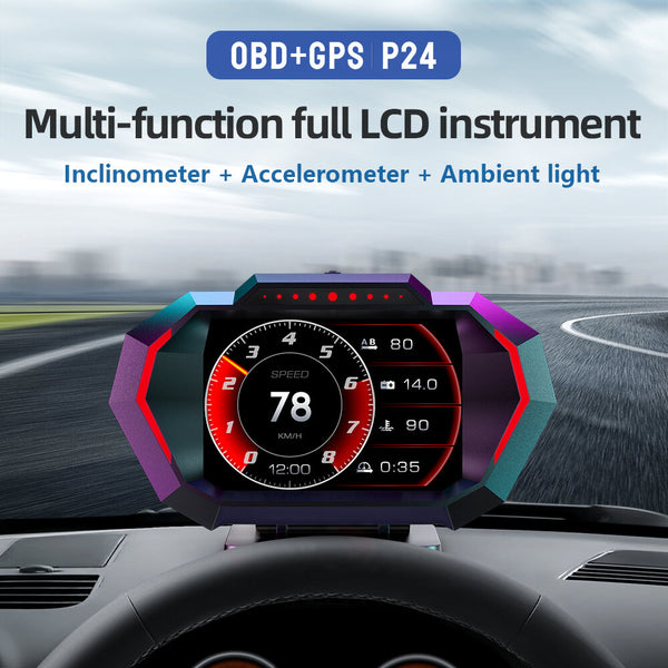 Car Head Up Display OBD+GPS Speedometer with 5 Alarm Functions Tachometer Water Temp Fuel Consumption Slope Meter