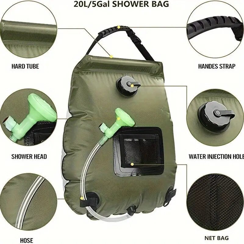 Outdoor Solar Heated Shower Bag 20L  Solar Shower Bag with Removable Hose Outdoor Shower Head 45C Hot Water Temperature Camping Premium