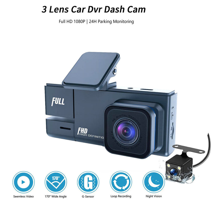 2 Inch IPS Screen Car Dash Cam 3-Channel Driving Recorder G-sensor Loop Recording Parking Monitoring