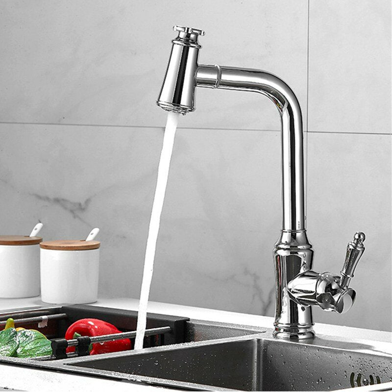 Kitchen Sink Faucet Pull-Out Sprayer Brass Hot Cold Water Mixer Tap Two Water Mode 360 Swivel With Hose