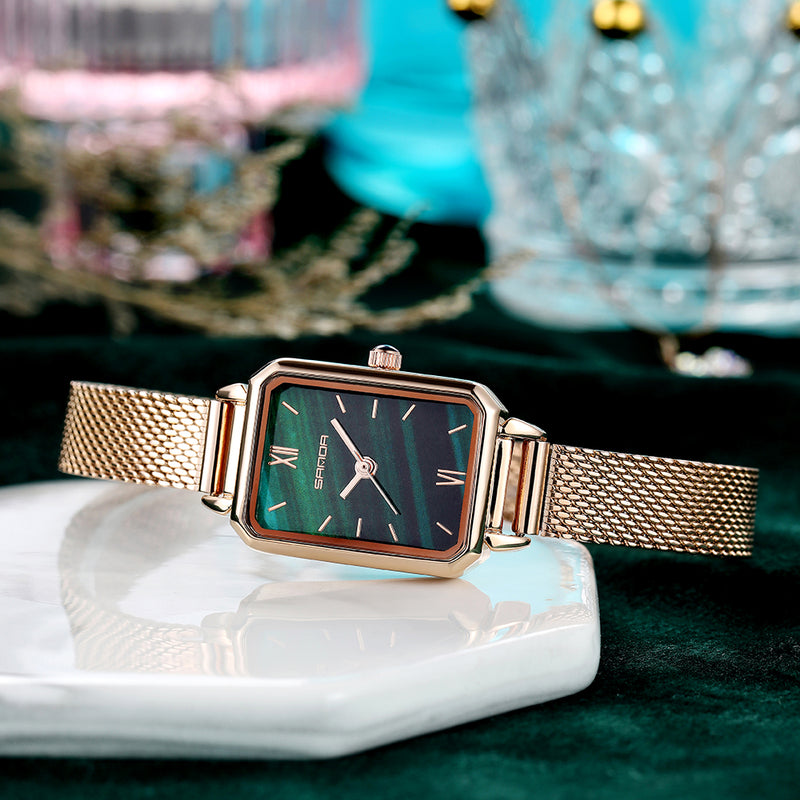 SANDA P1049 Green Gradient Dial Black Starry Sky Mesh Leather Strap Fashion Ladies Dress Quartz Watch