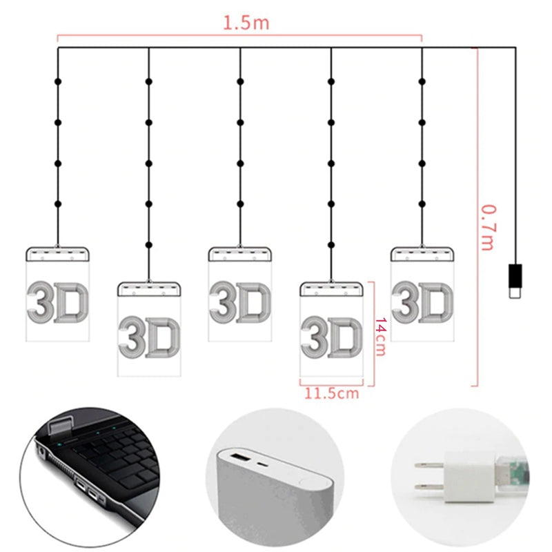 USB Romantic 3D Hanging Christmas LED Curtain String Light DC5V 8 Modes Remote Control for Home Decoration Christmas Decorations Clearance Christmas Lights