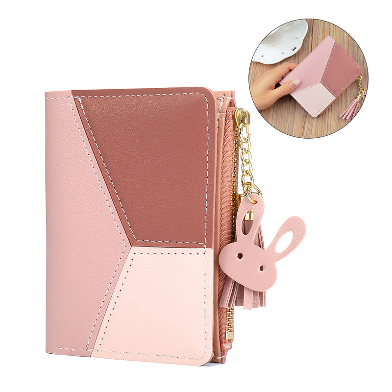 Tassels PU Leather Multi-Slots Short Money Bag Slim Card Holder Purse Wallet for Women and Ladies with Heart-Shaped Metal Tassels Pendant Gift Bifold Clutch