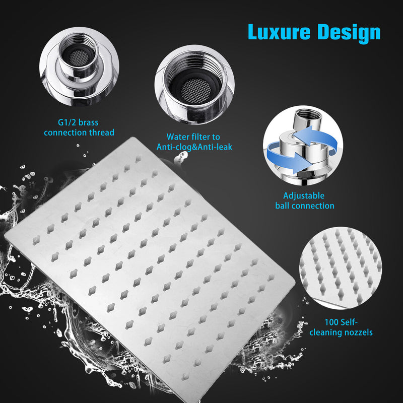 Square Stainless Steel Shower System Large Angle-adjustable Shower Head Adjustable Rotate Ball Five-piece Shower Set