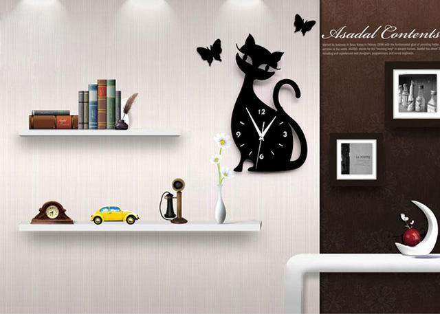 Acrylic Cute Cat Wall Clock Creative Personality Black Cat Wall Clock Simple Fashion Living Room Creative Wall Clock