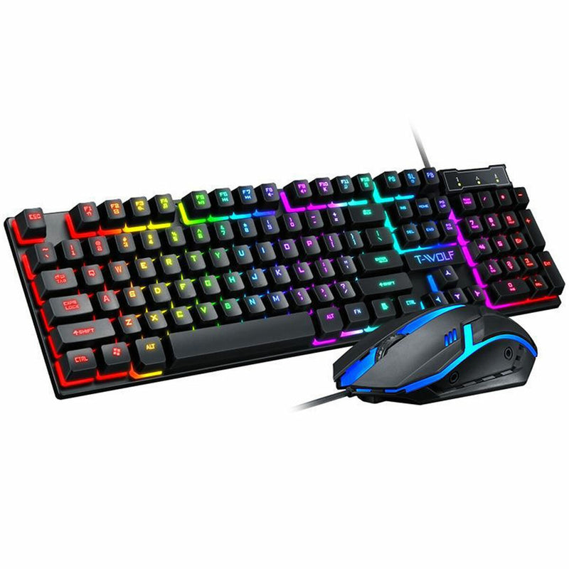 T-Wolf TF200 Gaming Combo Kit 104 Keys Rainbow Backlit Keyboard Adjustable 1600DPI Mouse