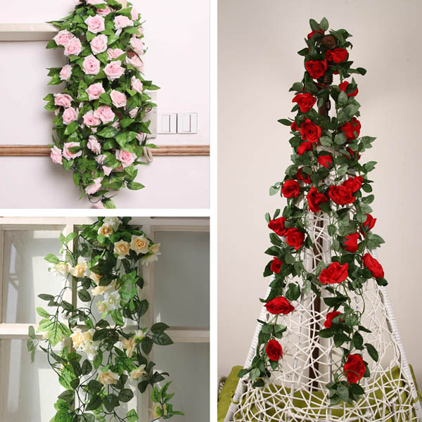 2.4m Artificial Plastic Rose Flower Green Leaves Garland Home Garden Wedding Party Decorations