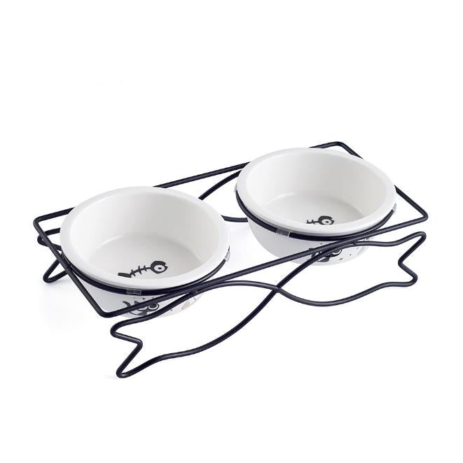 Ceramic Pet Bowl for Food and Water Bowls Pet Feeders Double Bowls Set Fish Shape Metal Stand