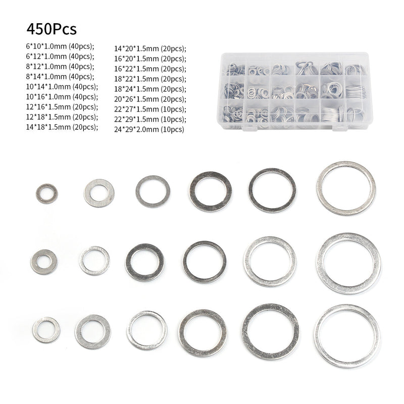 450Pcs Aluminum Sealing Solid Gaskets Washers Assorted Flat Metal O Rings Set for Oil Drain Plug Gasket Sump Plug