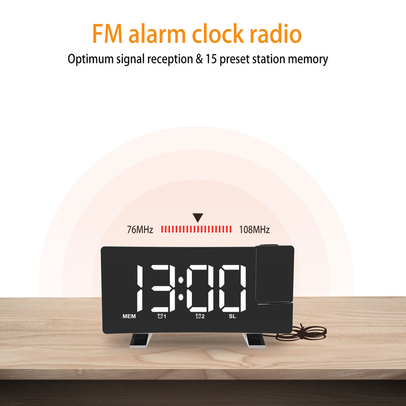 Rechargeable Mirror Digital Alarm Clock LED Curved Screen Support FM Radio Memory Function 180 Rotating Projection