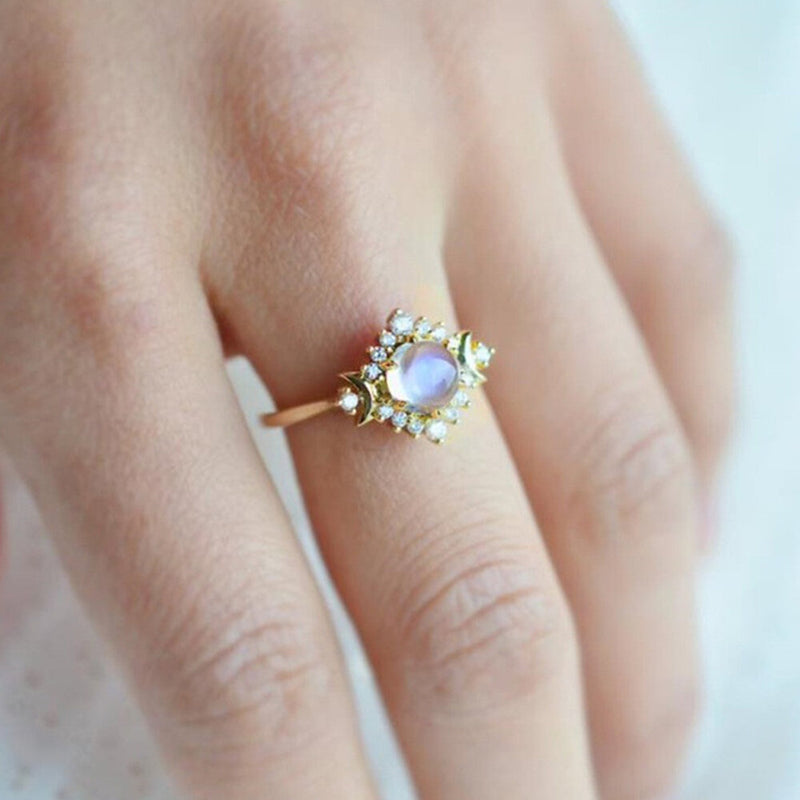 1 Pcs Vintage Moon Goddess Moonstone And Diamond Rings Valentine's Day Moonstone Rings