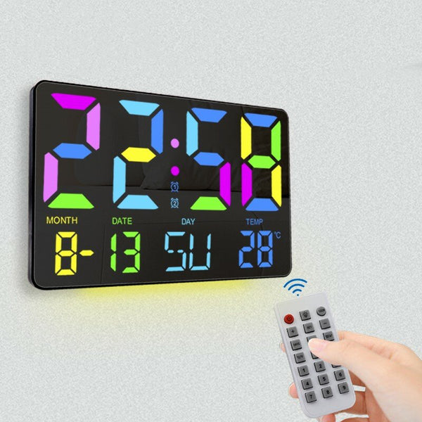 AGSIVO Large RGB Rainbow Digital Wall Clock Alarm Clock Large LED Display with Snooze / Remote Control / Automatic Brightness / Indoor Temperature / Date / Week / 12/24H For Home Office Classroom