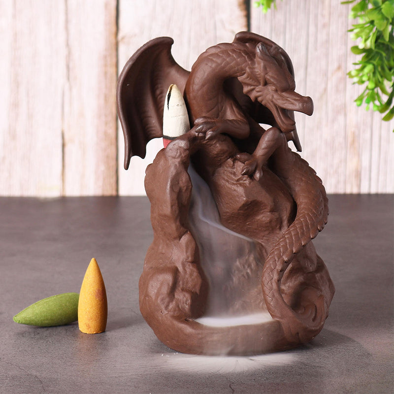 Dragon Ceramic Waterfall Backflow Cone Incense Burner Smoke Censer Holder Decor