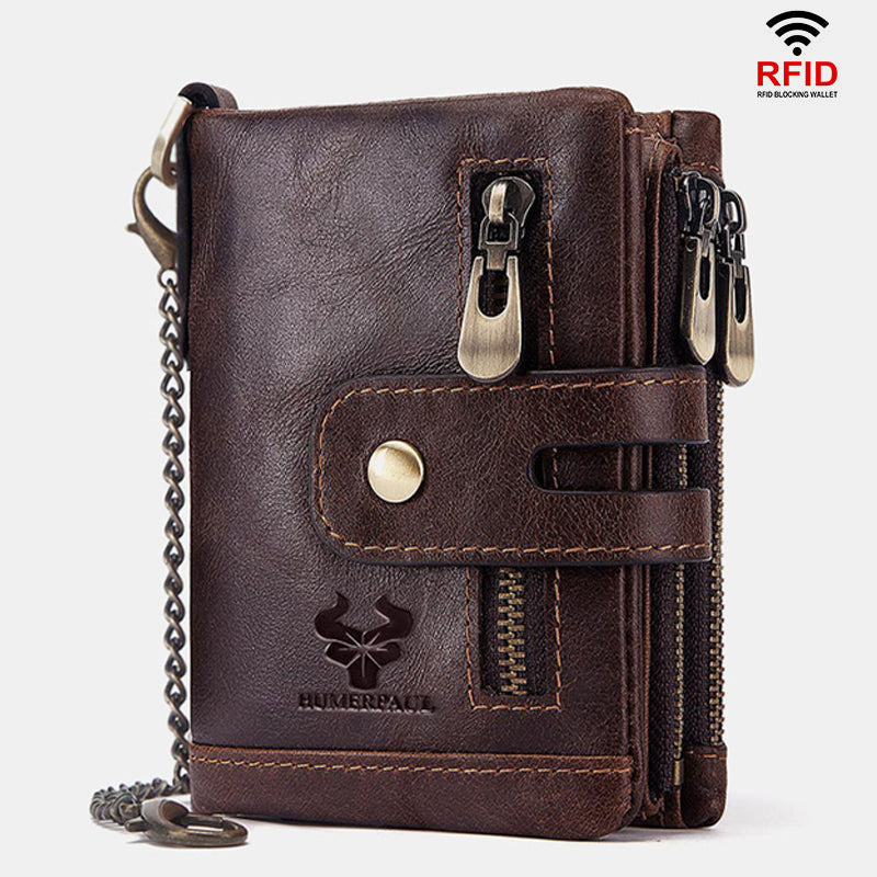 Men Genuine Leather RFID Anti-scanning Anti-Theft Zipper Wallet With Chain