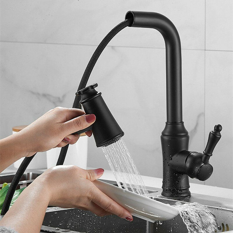 Kitchen Sink Faucet Pull-Out Sprayer Brass Hot Cold Water Mixer Tap Two Water Mode 360 Swivel With Hose