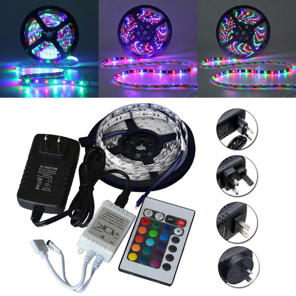 5M SMD 3528 300 Waterproof LED RGB Strip Flexible Light 24 key IR remote + Power Adapter DC12V