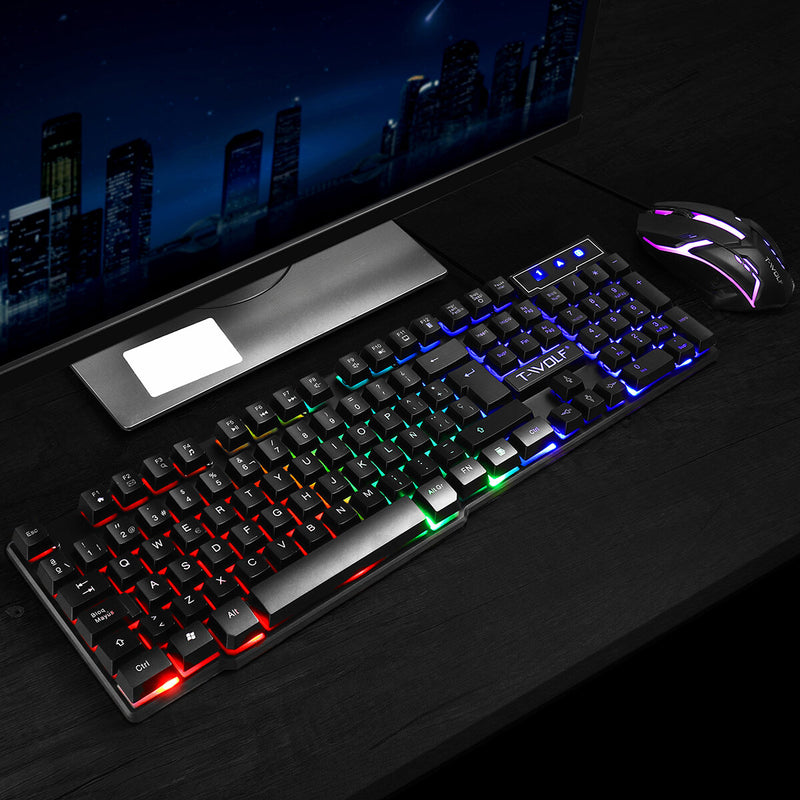 T-Wolf TF200 Gaming Combo Kit 104 Keys Rainbow Backlit Keyboard Adjustable 1600DPI Mouse