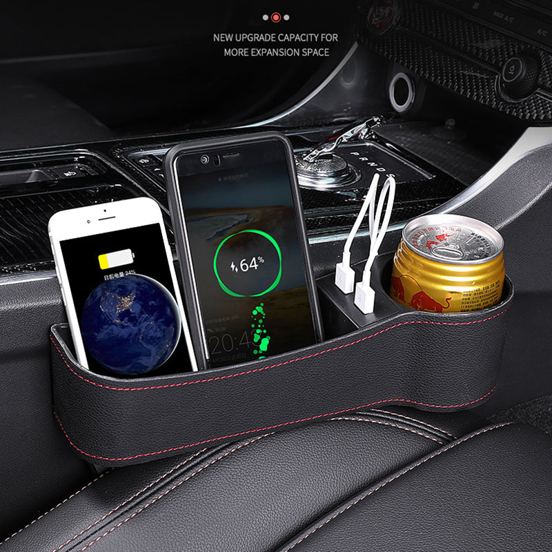 Car Seat Gap Storage Box Multifunction USB Charging Leather Car Water Cup Phone Holder