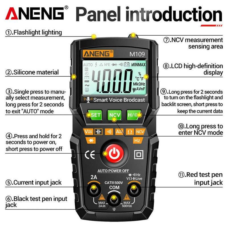 ANENG M109 Digital Multimeter 4000 count AC/DC Voice Broadcast Electrical Instruments Tester Auto Multimetro Profesional Meter