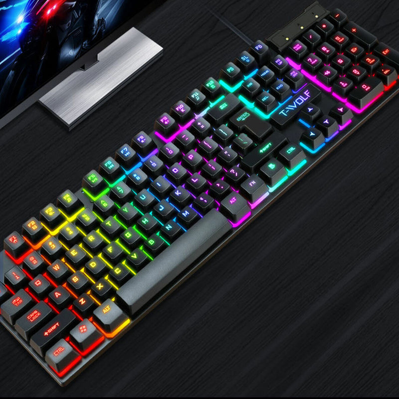 T-Wolf TF200 Gaming Combo Kit 104 Keys Rainbow Backlit Keyboard Adjustable 1600DPI Mouse