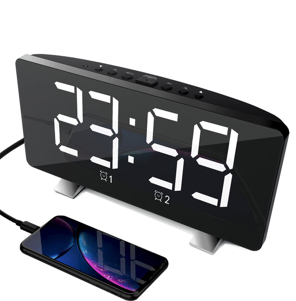 LED Mirror Digital Alarm Clock USB Charging Brightness Adjustable 10 Music Option Power off Memory Function