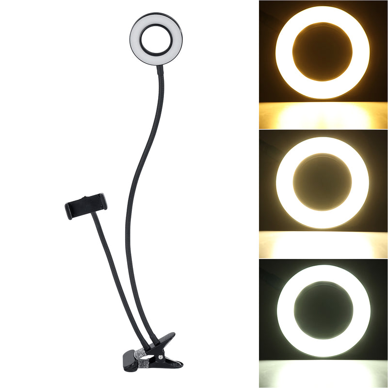 BG12W 2 in 1 Flexible Controllable USB Interface 9cm 12W LED Selfie Ring Light + Desktop Phone Holder Clip Photography YouTube Video Makeup Live Stream with Remote Shutter for Smart Phone between 5.8-8.5cm Width