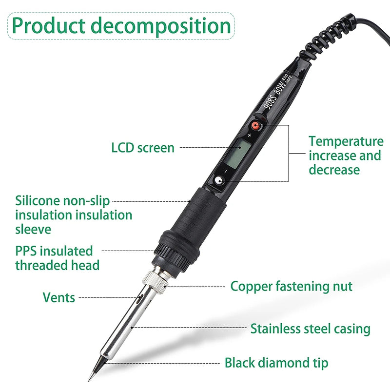 14 Pieces Soldering Iron Kit 60W Adjustable Temperature Welding Soldering Iron 5pcs Soldering Tips Solder Sucker Desoldering Wick Solder Wire Anti-static Tweezers Iron Stand Cleaning Sponge Tool Box