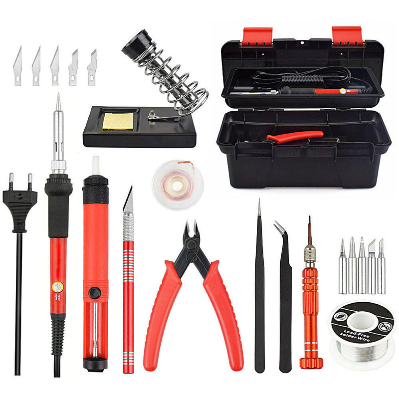 Newacalox 25Pcs 220V 60W Adjustable Temperature Electrical Solder Iron Kit SMD Welding Repair Tool Set Tool Box