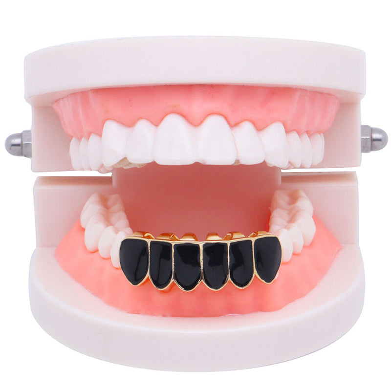 Punk Black Matte Braces Hiphop Grillz Gold Plated Dentures Set Teeth Jewelry