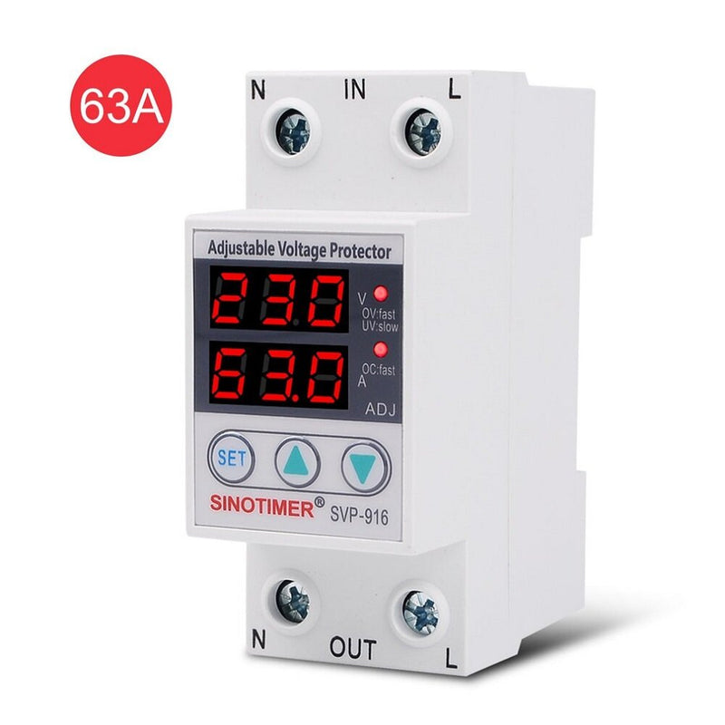 SINOTIMER SVP-916 230V 40A/63A Adjustable Auto-recovery Under/Over Voltage Protector Relay Breaker Protective Device With LED