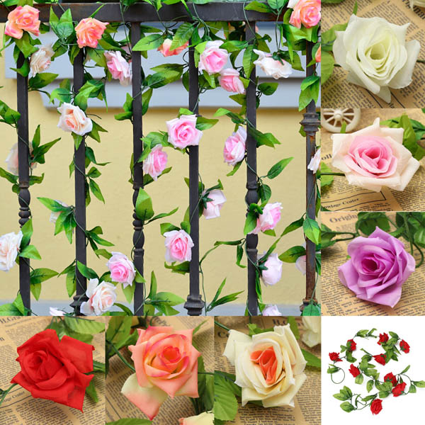 2.4m Artificial Plastic Rose Flower Green Leaves Garland Home Garden Wedding Party Decorations