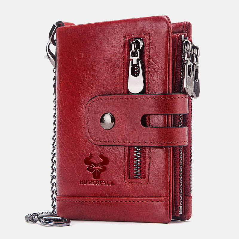 Men Genuine Leather RFID Anti-scanning Anti-Theft Zipper Wallet With Chain