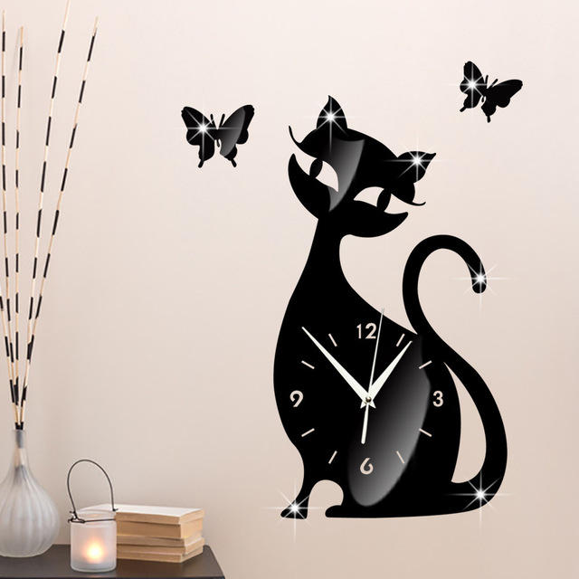 Acrylic Cute Cat Wall Clock Creative Personality Black Cat Wall Clock Simple Fashion Living Room Creative Wall Clock