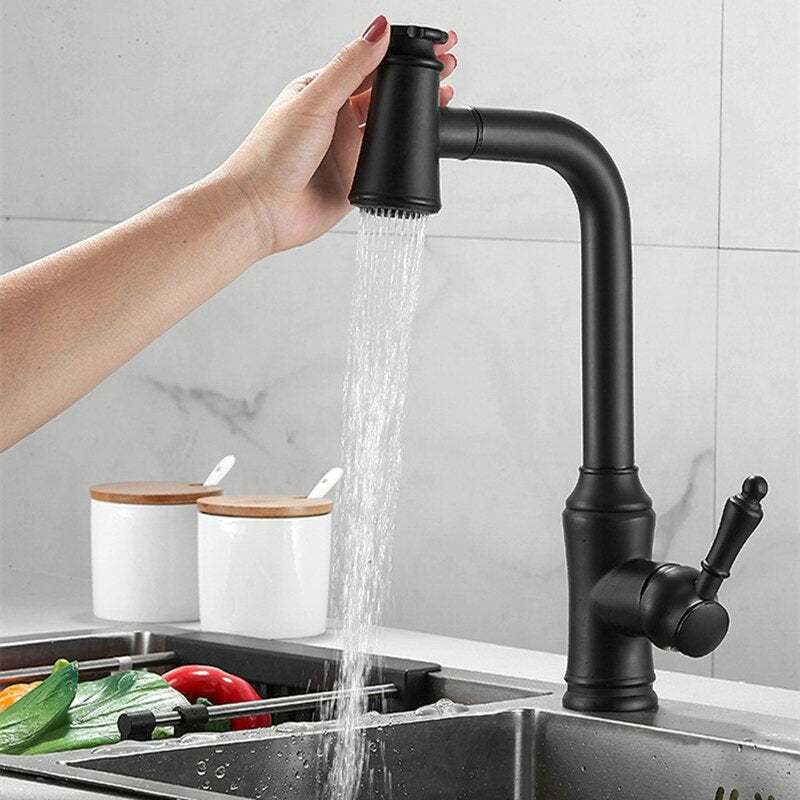 Kitchen Sink Faucet Pull-Out Sprayer Brass Hot Cold Water Mixer Tap Two Water Mode 360 Swivel With Hose