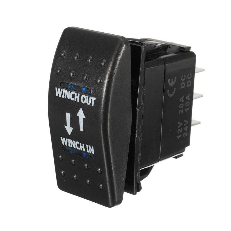 12V 20A Rocker Switch with Momentary Winch In/Out and LED 7-Pin - (ON)-OFF-(ON) In Out