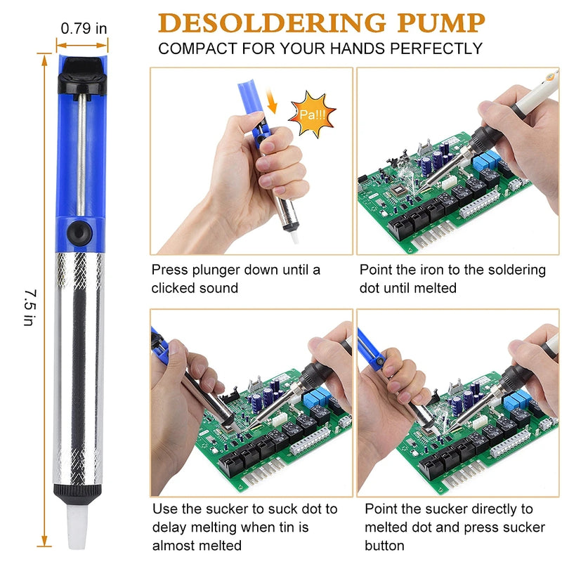 14 Pieces Soldering Iron Kit 60W Adjustable Temperature Welding Soldering Iron 5pcs Soldering Tips Solder Sucker Desoldering Wick Solder Wire Anti-static Tweezers Iron Stand Cleaning Sponge Tool Box